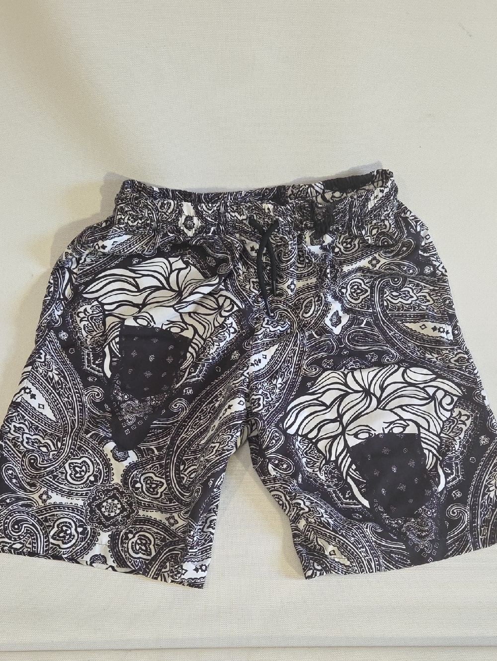 Crooks & Castles Black and White Paisley Graphic Athletic Shorts